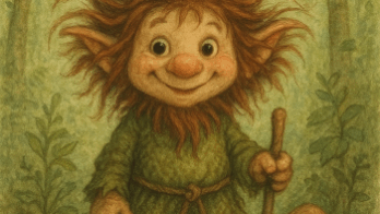 Ein kleiner Waldwichtel mit freundlichem Gesicht, wirr abstehenden Haaren, grüner Kleidung und einer grünen Zipfelmütze steht vor einem grünen Wald-Hintergrund