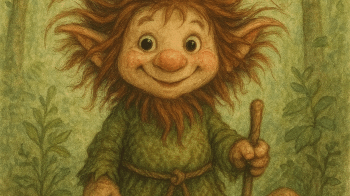 Ein kleiner Waldwichtel mit freundlichem Gesicht, wirr abstehenden Haaren, grüner Kleidung und einer grünen Zipfelmütze steht vor einem grünen Wald-Hintergrund