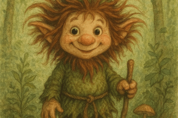 Ein kleiner Waldwichtel mit freundlichem Gesicht, wirr abstehenden Haaren, grüner Kleidung und einer grünen Zipfelmütze steht vor einem grünen Wald-Hintergrund