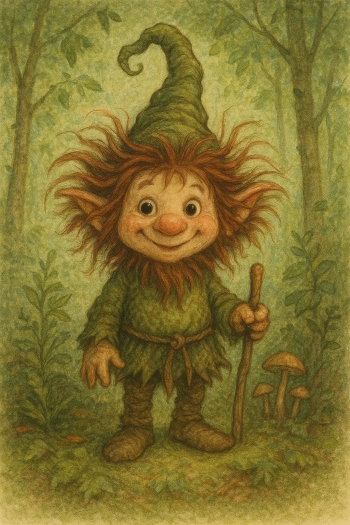 Waldwichtel Wirrwusel Kl Ein kleiner Waldwichtel mit freundlichem Gesicht, wirr abstehenden Haaren, grüner Kleidung und einer grünen Zipfelmütze steht vor einem grünen Wald-Hintergrund