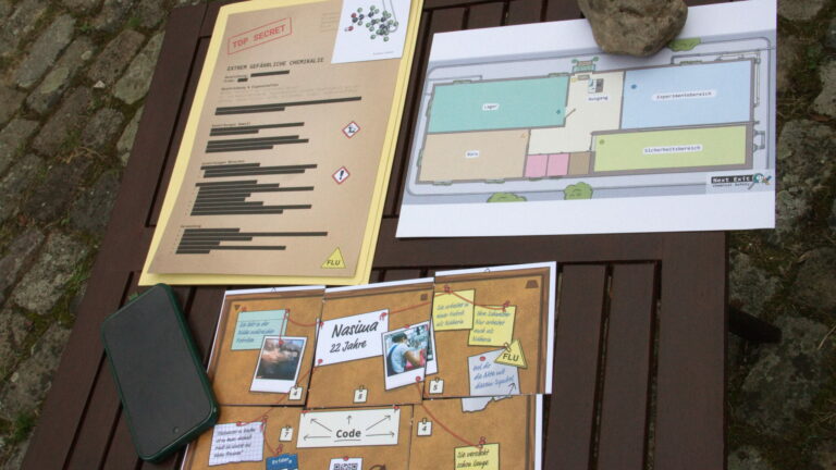 Spielmaterialien des Spiels auf einem Tisch ausgelegt