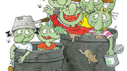 Die Olchifamilie steckt in zwei großen grauen Blechtonnen