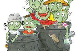 Die Olchifamilie steckt in zwei großen grauen Blechtonnen