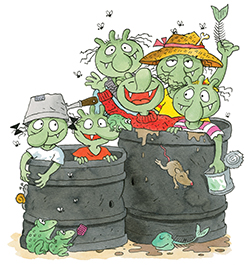 Olchifamilie Die Olchifamilie steckt in zwei großen grauen Blechtonnen