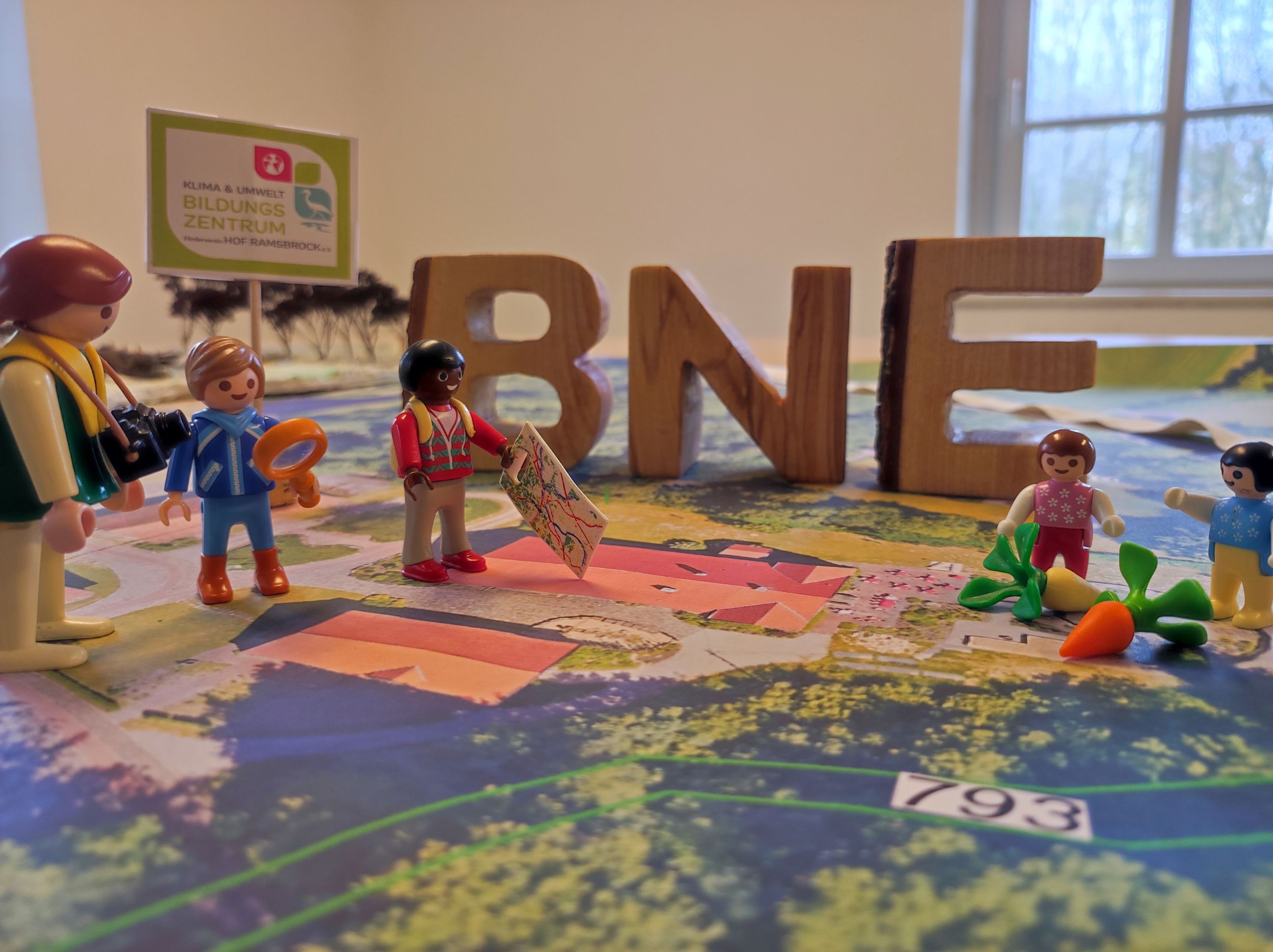 Die Buchstaben BNE aus Holz geschnitzt, stehen auf einem Satellitenbild von Hof Ramsbrock. Daneben stehen Playmobil-Figuren die Lupe und Gemüse in der Hand halten