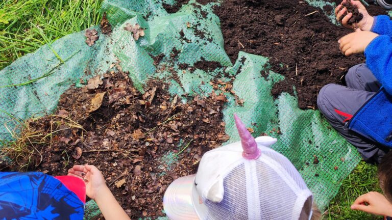 Kinder sind über einen Haufen feinen und einen Haufen groben Kompost gebeugt und untersuchen ihn. Ein Kind hat eine Assel in der Hand, ein anderes die feine Erde