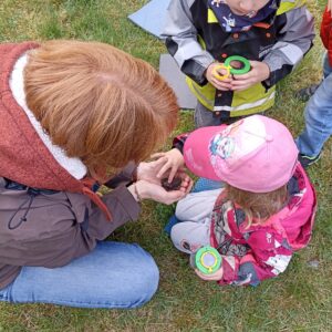 Eine erwachsene Person hockt mit zwei Kinder auf der Wiese. Sie hält eine Kröte in der Hand. Die Kinder schauen und streicheln die Kröte