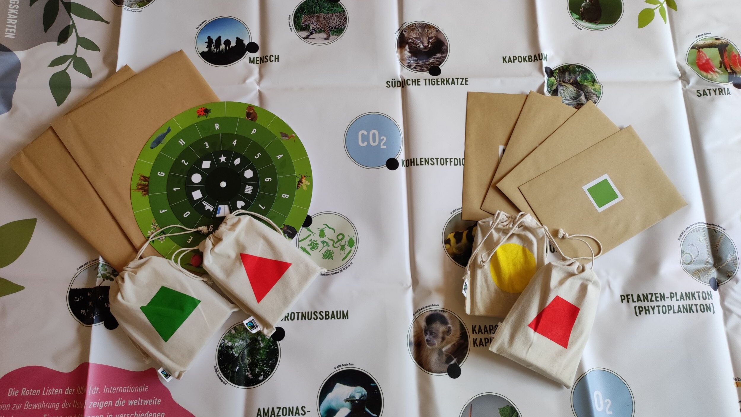 Spielmaterialien des Exit Games liegen ausgebreitet auf einem Tisch