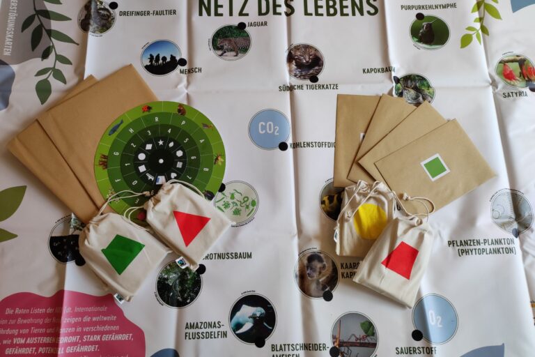 Next Exit Biodiversity Spielmaterialien des Exit Games liegen ausgebreitet auf einem Tisch